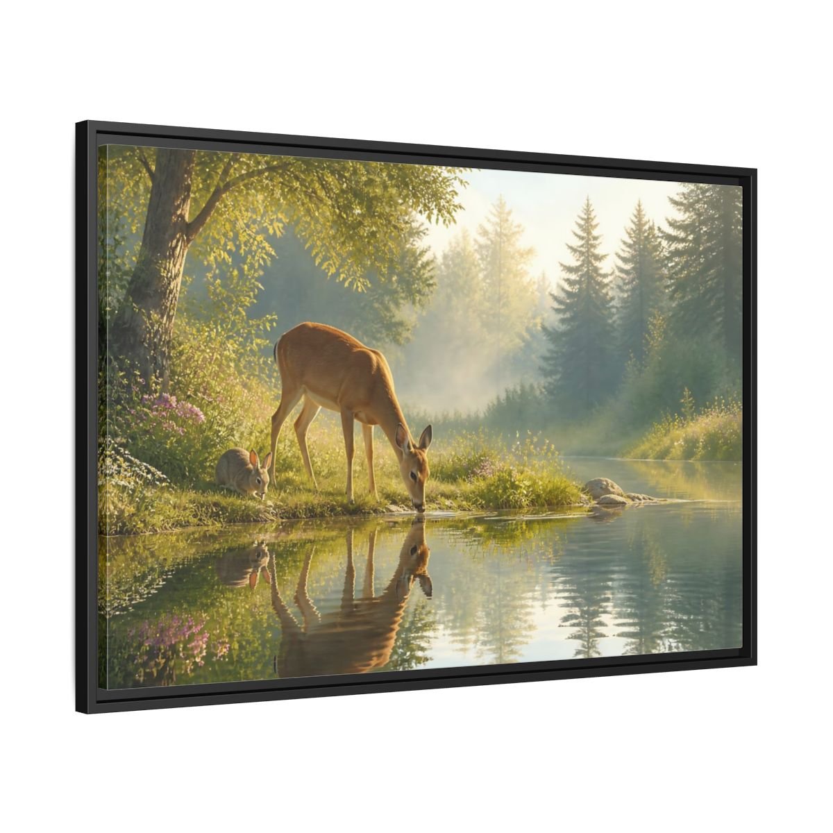 Nature Deer Rabbit Forest Animals Framed Canvas Wall Art Print – realistic Living Room, Above Console Table - YesArtYes