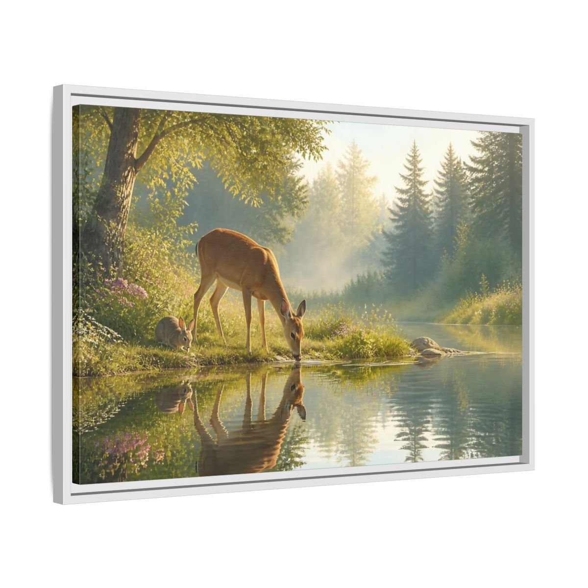 Nature Deer Rabbit Forest Animals Framed Canvas Wall Art Print – realistic Living Room, Above Console Table - YesArtYes