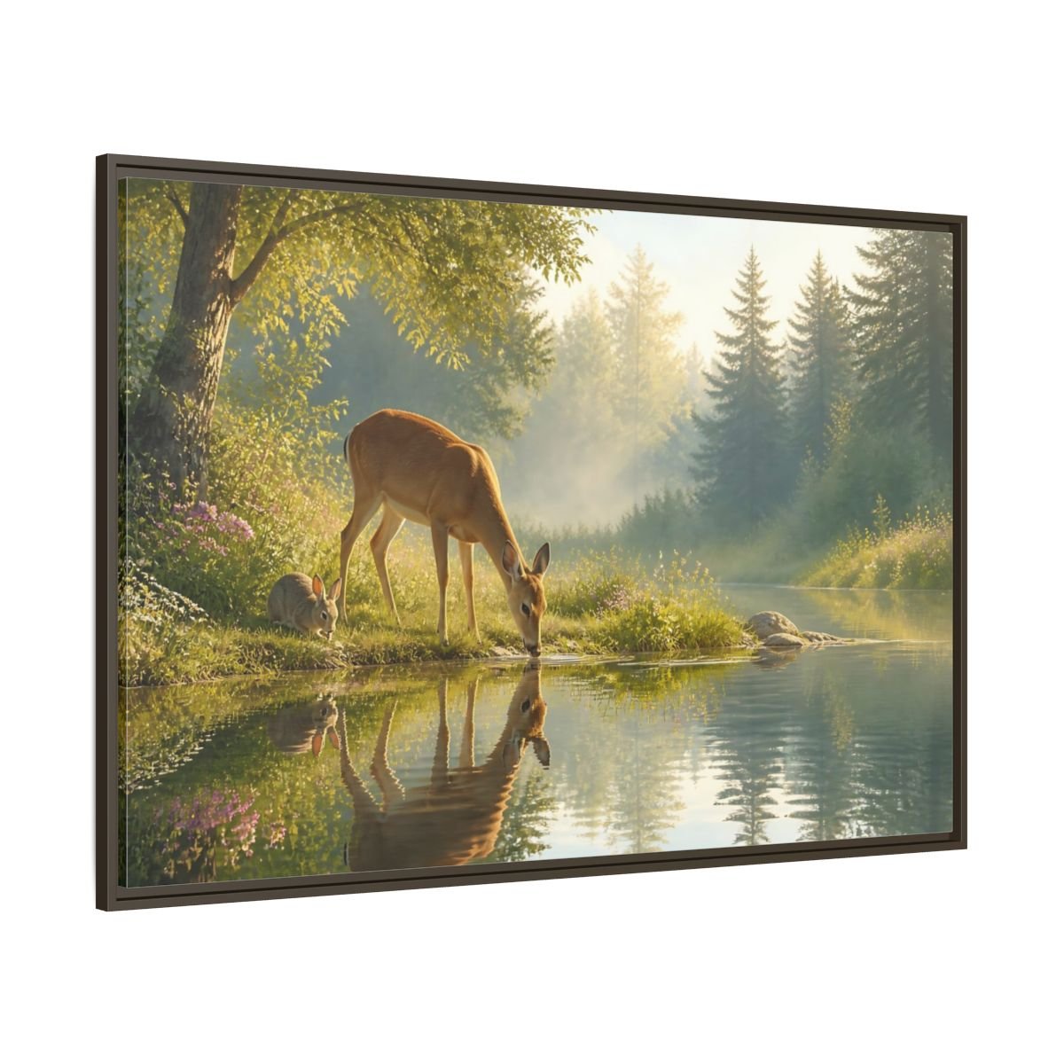 Nature Deer Rabbit Forest Animals Framed Canvas Wall Art Print – realistic Living Room, Above Console Table - YesArtYes