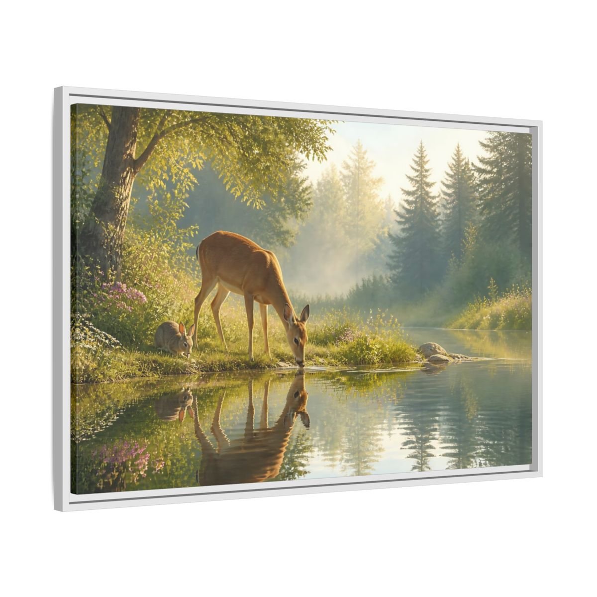 Nature Deer Rabbit Forest Animals Framed Canvas Wall Art Print – realistic Living Room, Above Console Table - YesArtYes