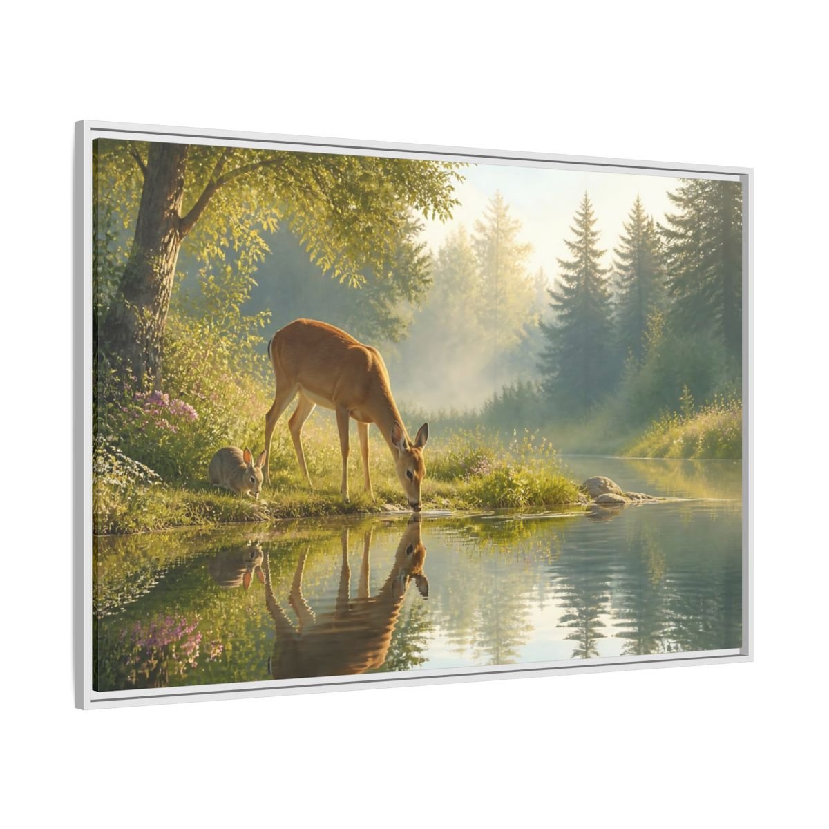 Nature Deer Rabbit Forest Animals Framed Canvas Wall Art Print – realistic Living Room, Above Console Table - YesArtYes