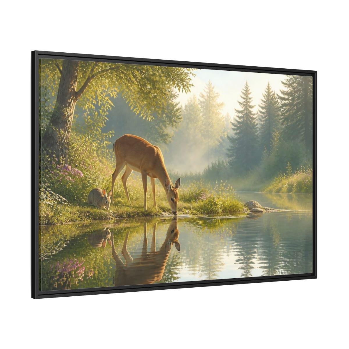 Nature Deer Rabbit Forest Animals Framed Canvas Wall Art Print – realistic Living Room, Above Console Table - YesArtYes