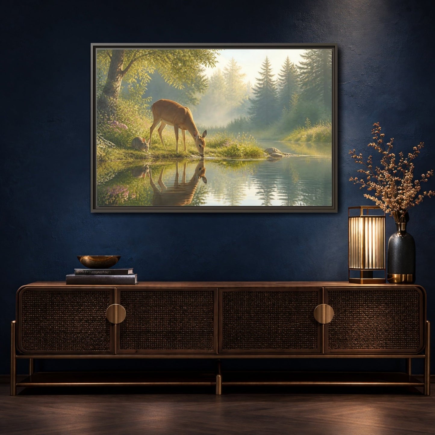 Nature Deer Rabbit Forest Animals Framed Canvas Wall Art Print – realistic Living Room, Above Console Table - YesArtYes