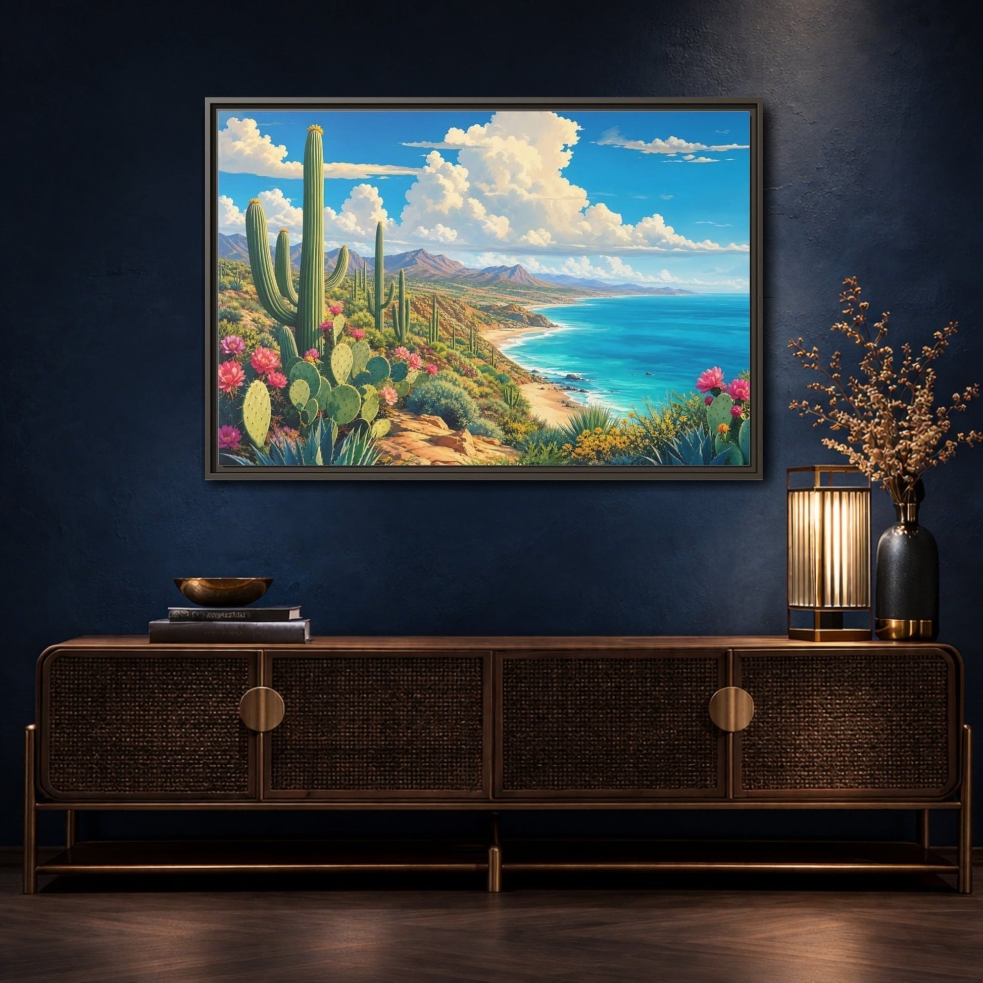 Nature Desert Cactus Vibrant Coastal Framed Canvas Print – Living Room, Large Wall - YesArtYes