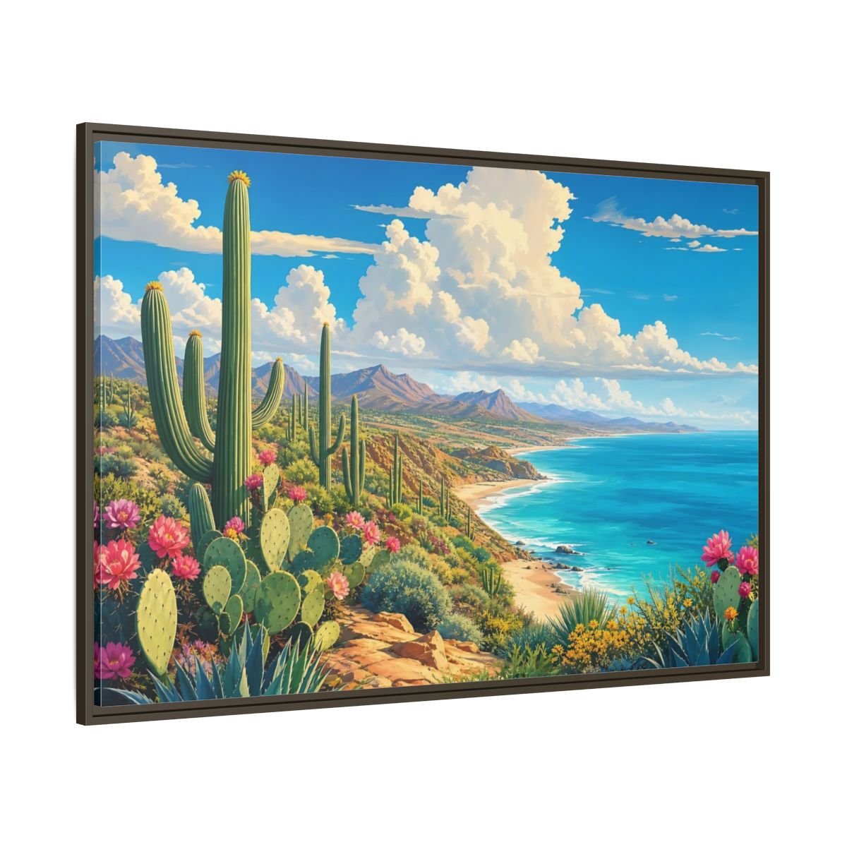 Nature Desert Cactus Vibrant Coastal Framed Canvas Print – Living Room, Large Wall - YesArtYes