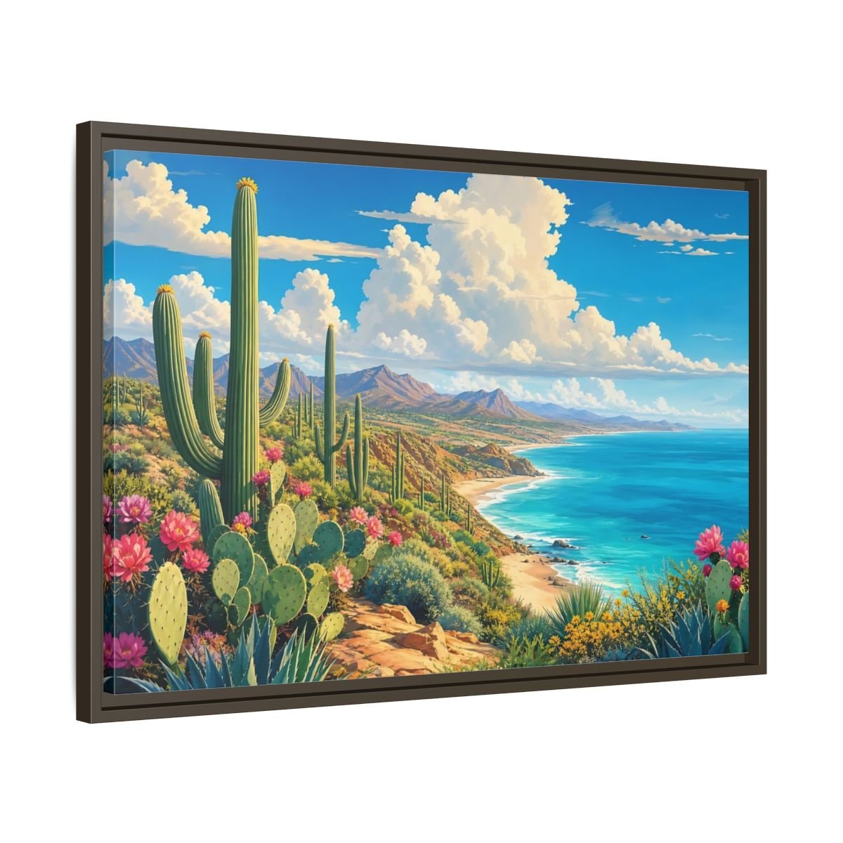 Nature Desert Cactus Vibrant Coastal Framed Canvas Print – Living Room, Large Wall - YesArtYes