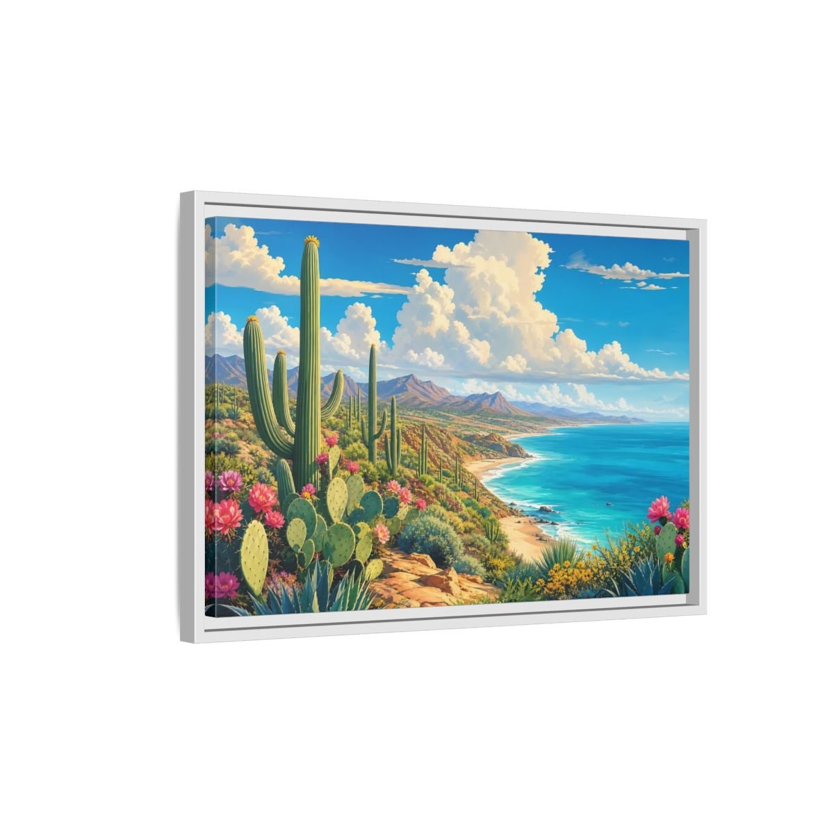 Nature Desert Cactus Vibrant Coastal Framed Canvas Print – Living Room, Large Wall - YesArtYes