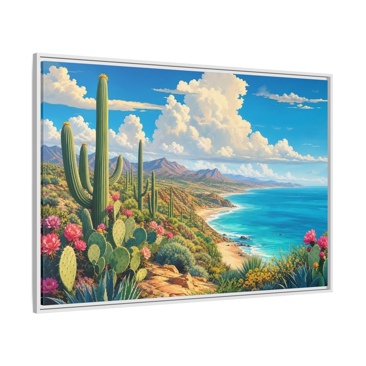 Nature Desert Cactus Vibrant Coastal Framed Canvas Print – Living Room, Large Wall - YesArtYes