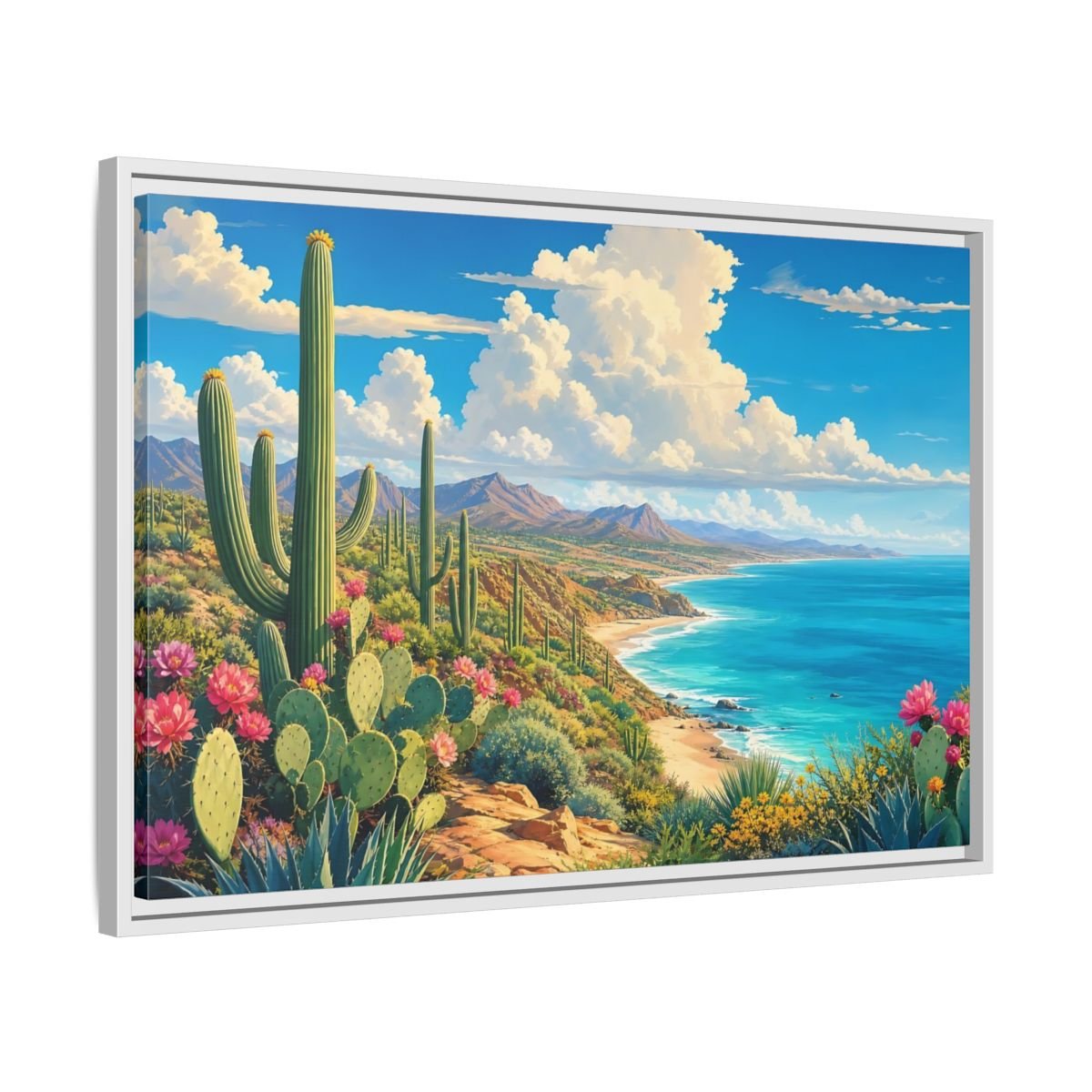Nature Desert Cactus Vibrant Coastal Framed Canvas Print – Living Room, Large Wall - YesArtYes