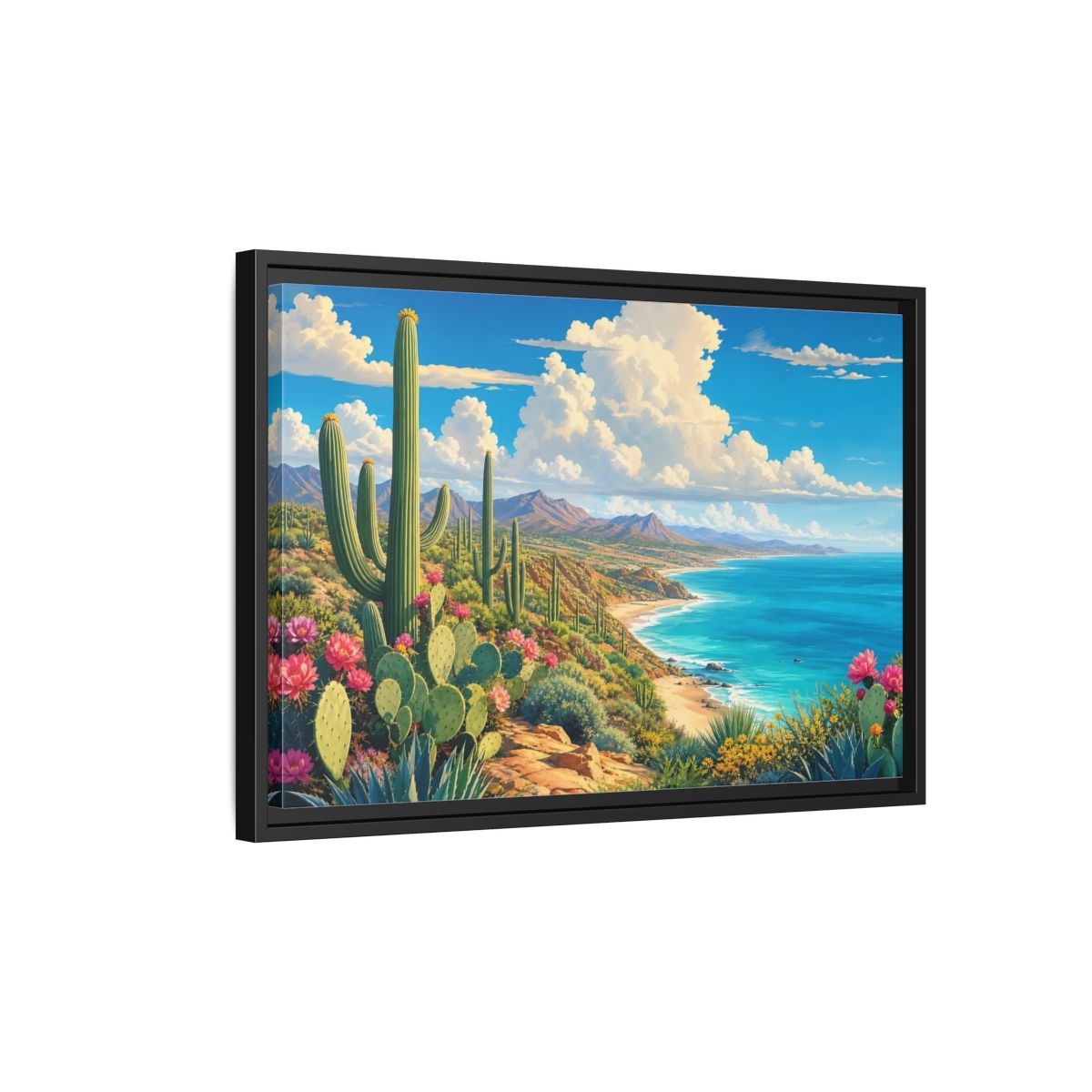 Side Mockup 3. Nature Desert Cactus Vibrant Coastal Desert shown as stretched canvas wall art