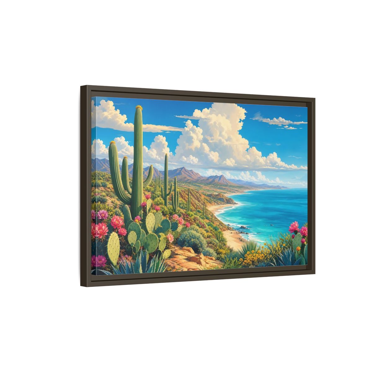 Side Mockup 2. Nature Desert Cactus Vibrant Coastal Desert shown as stretched canvas wall art