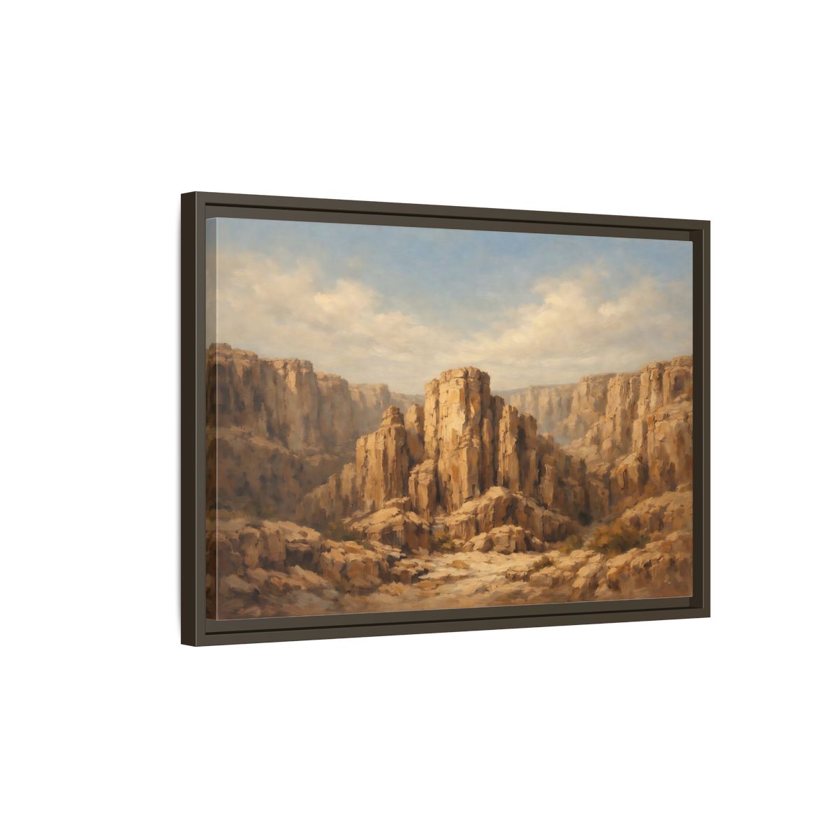 Side Mockup 2. Nature Desert Canyon Brown And Blue shown as stretched canvas wall art