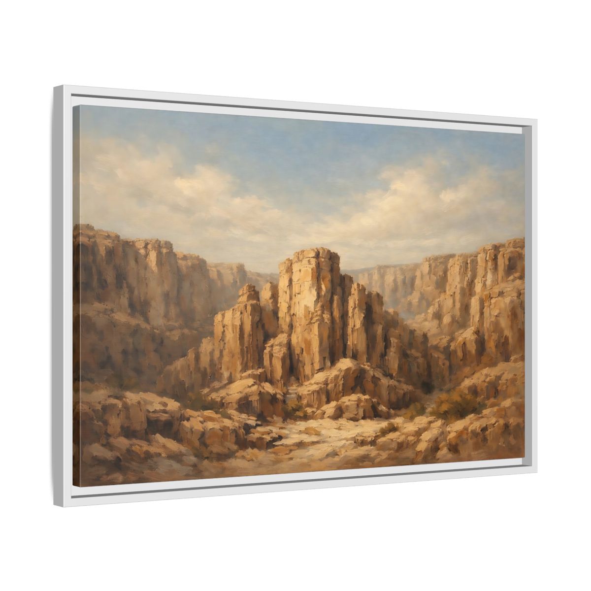 Side Mockup 10. Nature Desert Canyon Brown And Blue shown as stretched canvas wall art