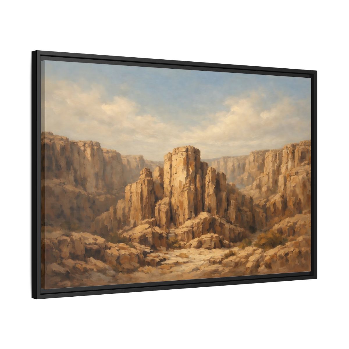 Side Mockup 13. Nature Desert Canyon Brown And Blue shown as stretched canvas wall art