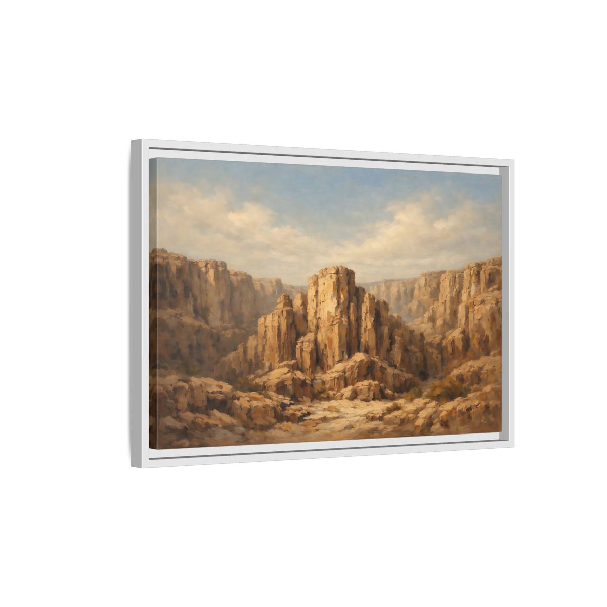 Side Mockup 1. Nature Desert Canyon Brown And Blue shown as stretched canvas wall art