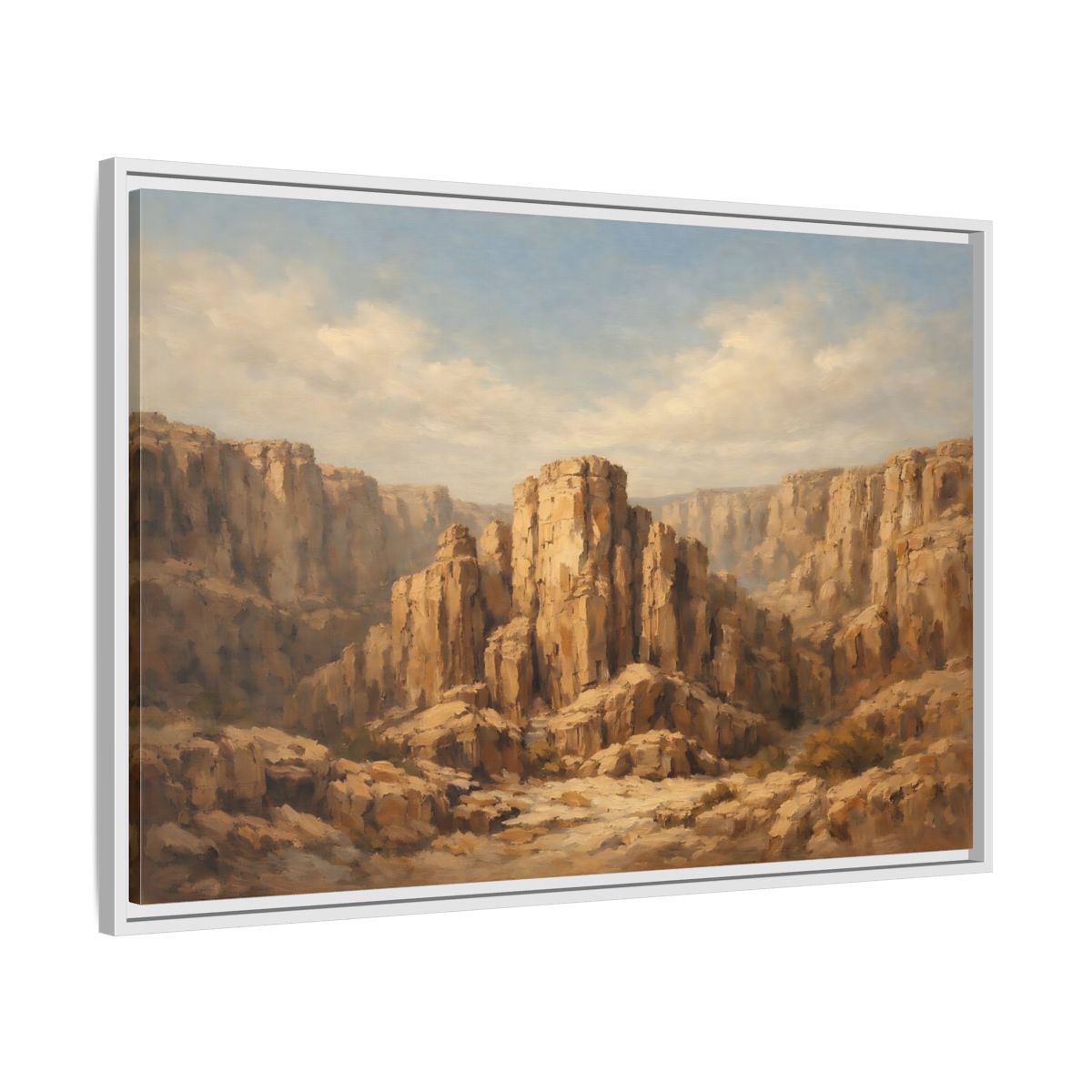 Side Mockup 8. Nature Desert Canyon Brown And Blue shown as stretched canvas wall art