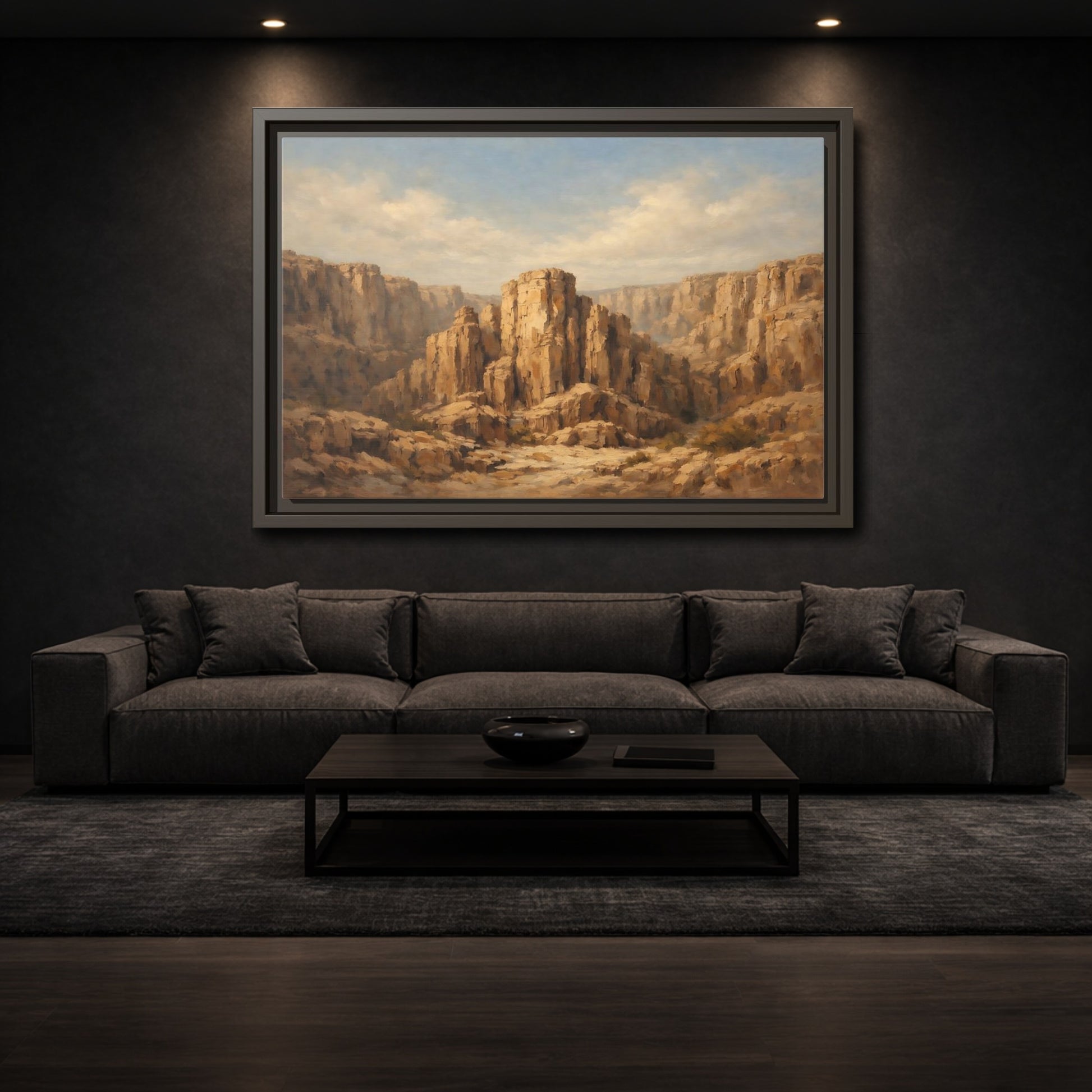 Mockup 2. Nature Desert Canyon Brown And Blue shown as stretched canvas wall art