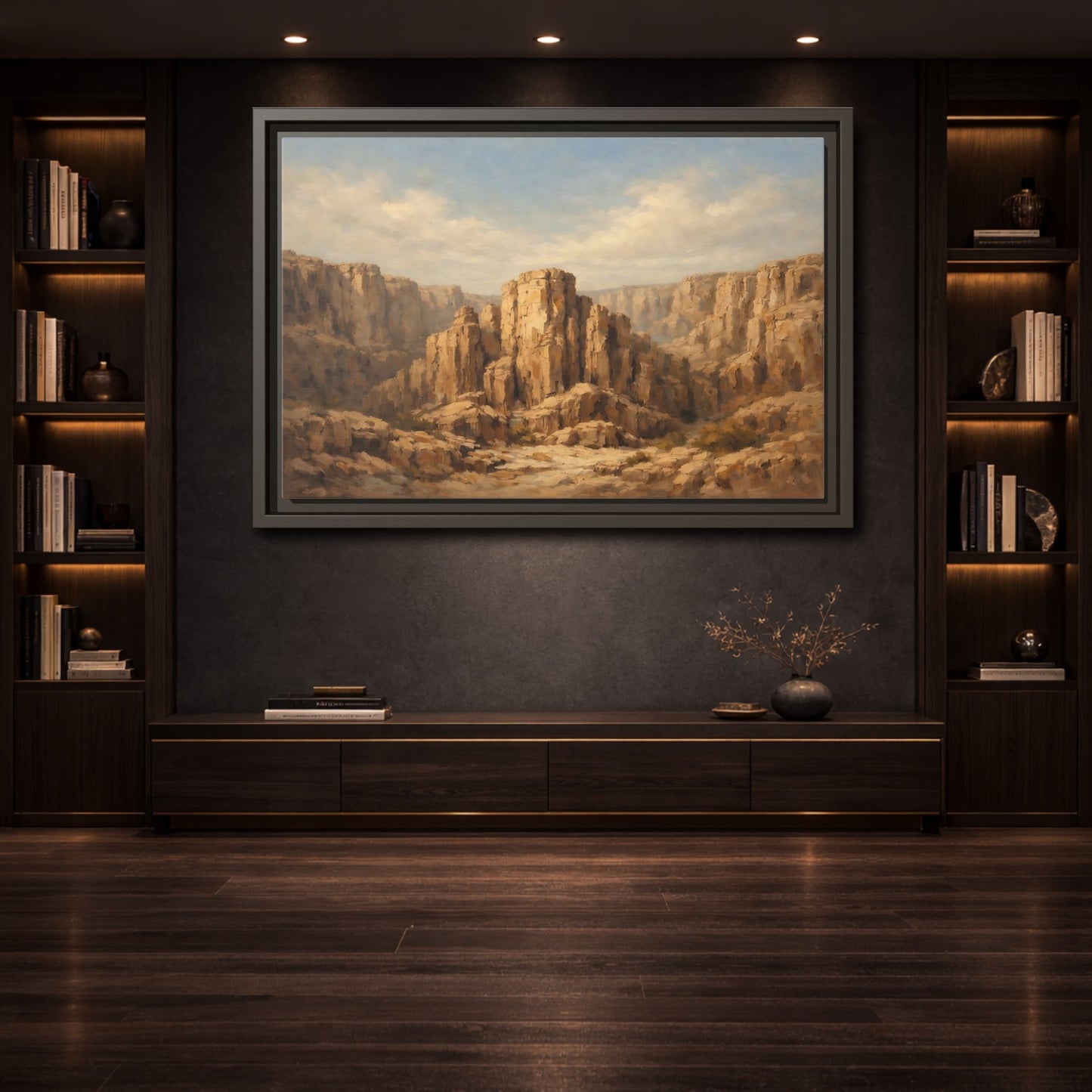 Mockup 3. Nature Desert Canyon Brown And Blue shown as stretched canvas wall art