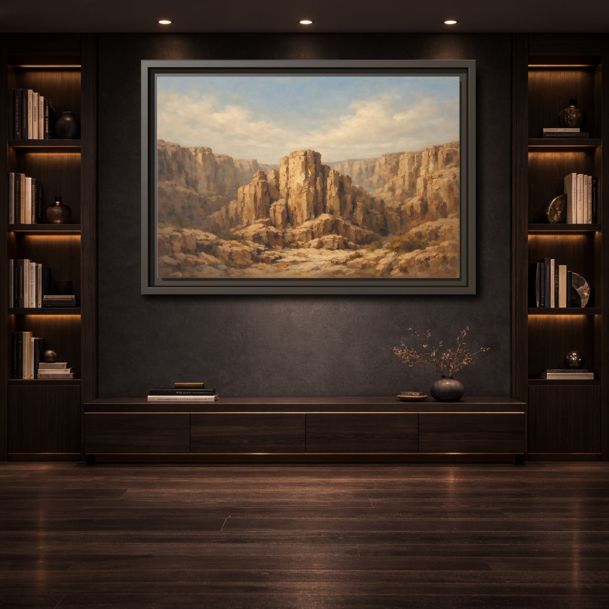 Mockup 3. Nature Desert Canyon Brown And Blue shown as stretched canvas wall art