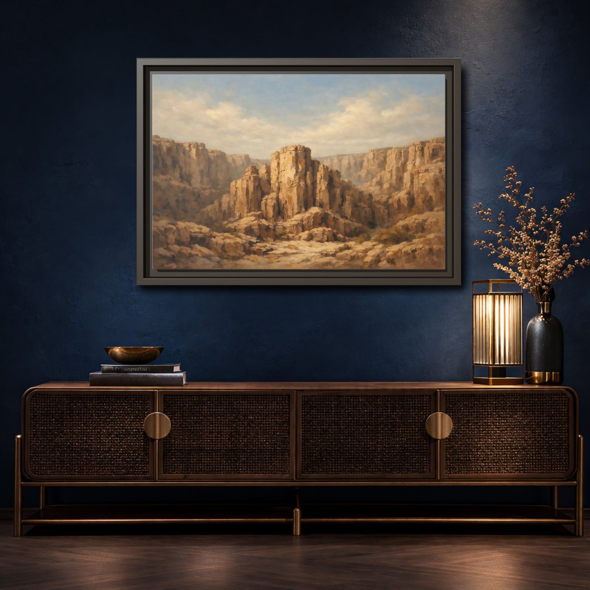 Mockup 4. Nature Desert Canyon Brown And Blue shown as stretched canvas wall art