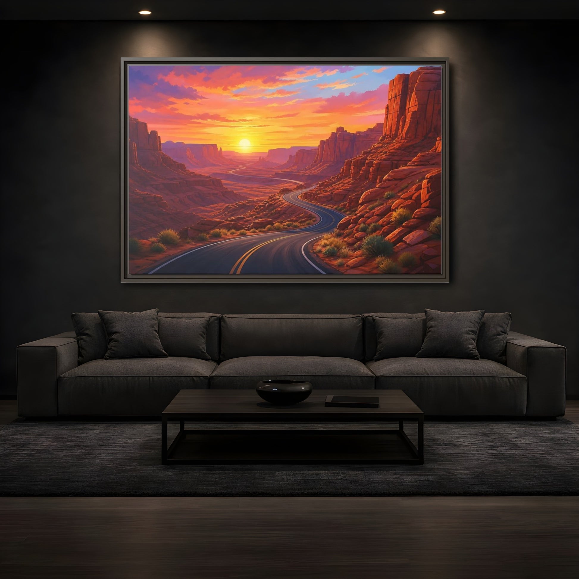 Mockup 3. Nature Desert Canyon Red Canyon Sunset shown as stretched canvas wall art