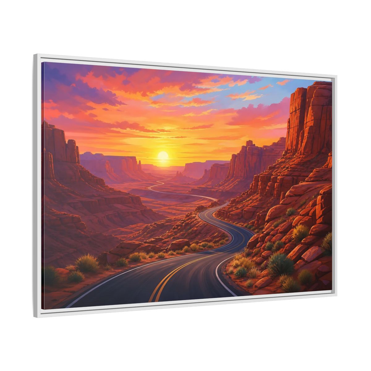 Nature Desert Canyon Red Sunset Framed Canvas Wall Art Print – vibrant Living Room, Above Console Table - YesArtYes