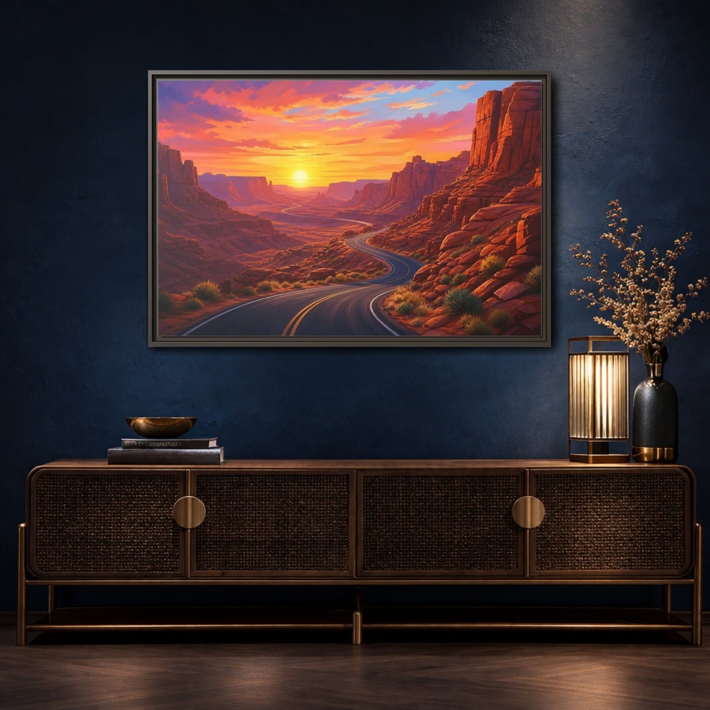 Nature Desert Canyon Red Sunset Framed Canvas Wall Art Print – vibrant Living Room, Above Console Table - YesArtYes