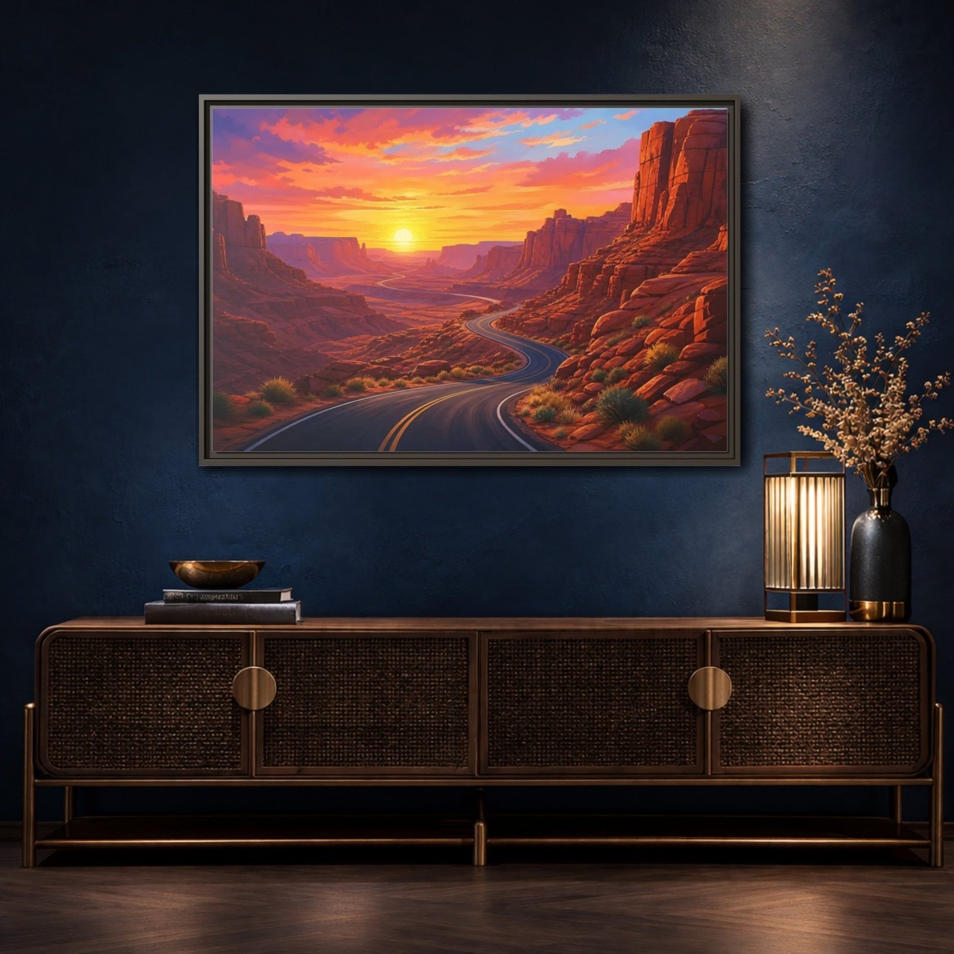 Nature Desert Canyon Red Sunset Framed Canvas Wall Art Print – vibrant Living Room, Above Console Table - YesArtYes