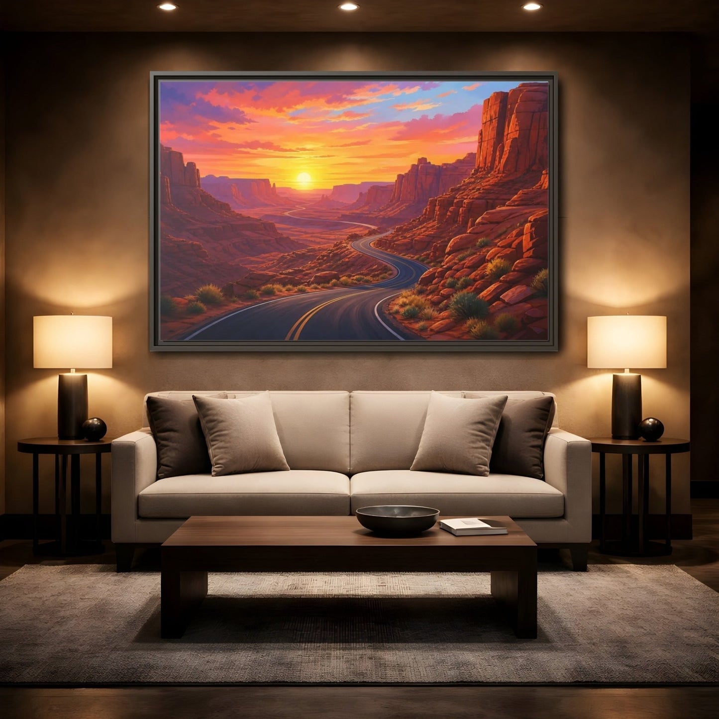 Nature Desert Canyon Red Sunset Framed Canvas Wall Art Print – vibrant Living Room, Above Console Table - YesArtYes