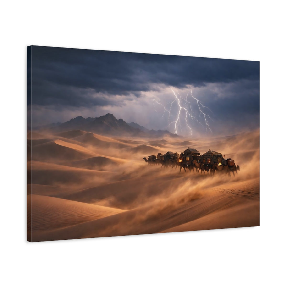 Side Mockup 2. Nature Desert Caravan Brown And Blue shown as stretched canvas wall art