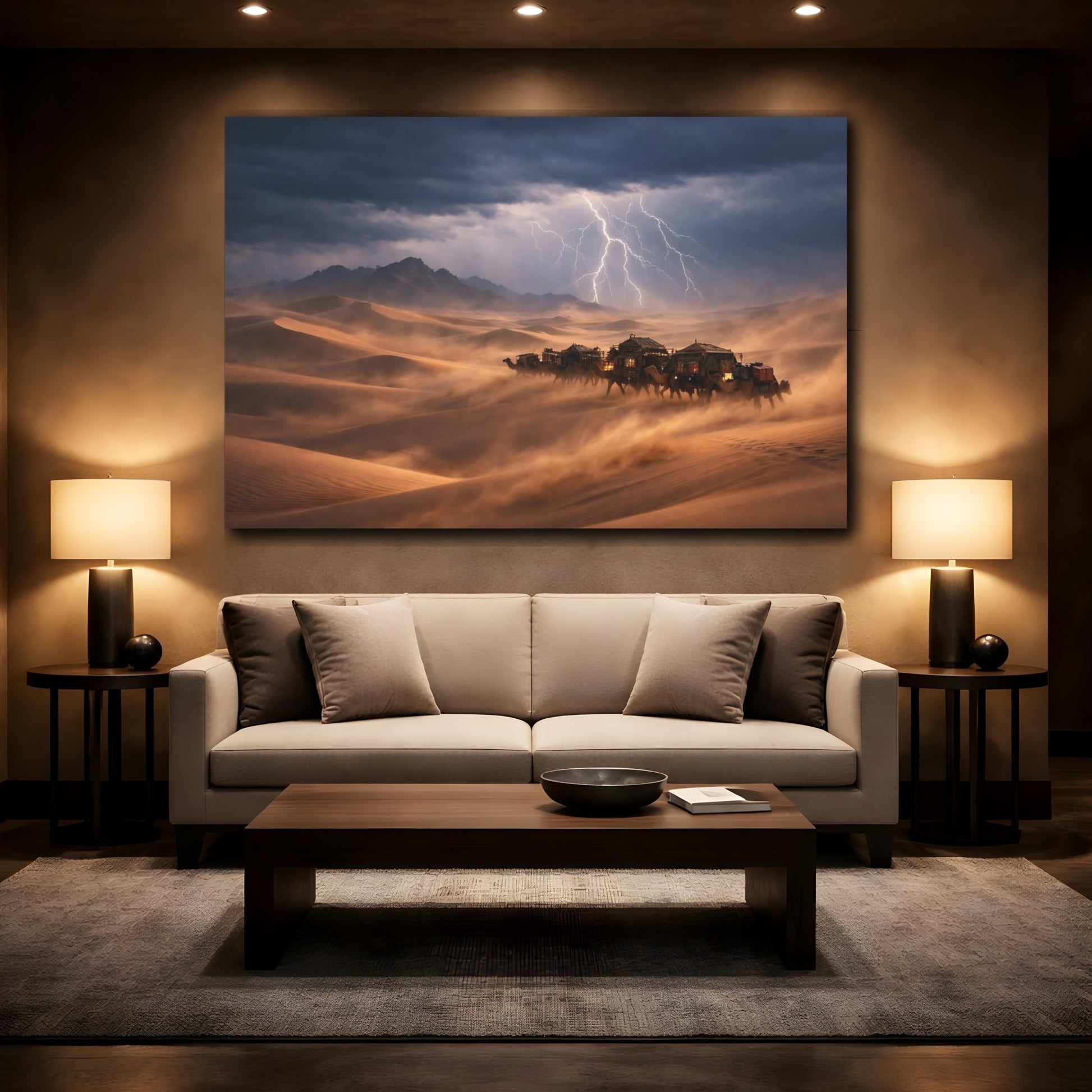 Mockup 2. Nature Desert Caravan Brown And Blue shown as stretched canvas wall art