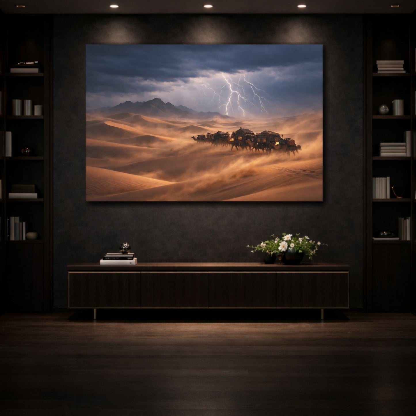 Mockup 3. Nature Desert Caravan Brown And Blue shown as stretched canvas wall art