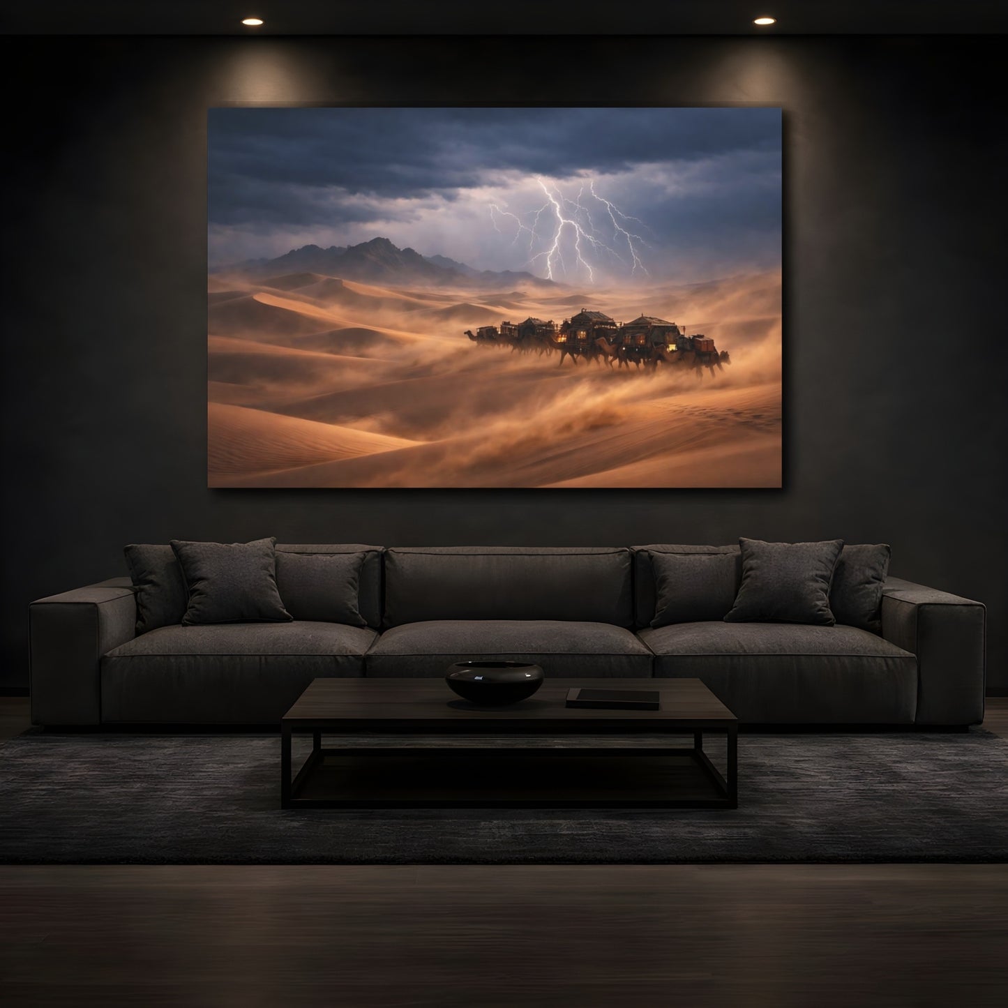 Mockup 4. Nature Desert Caravan Brown And Blue shown as stretched canvas wall art
