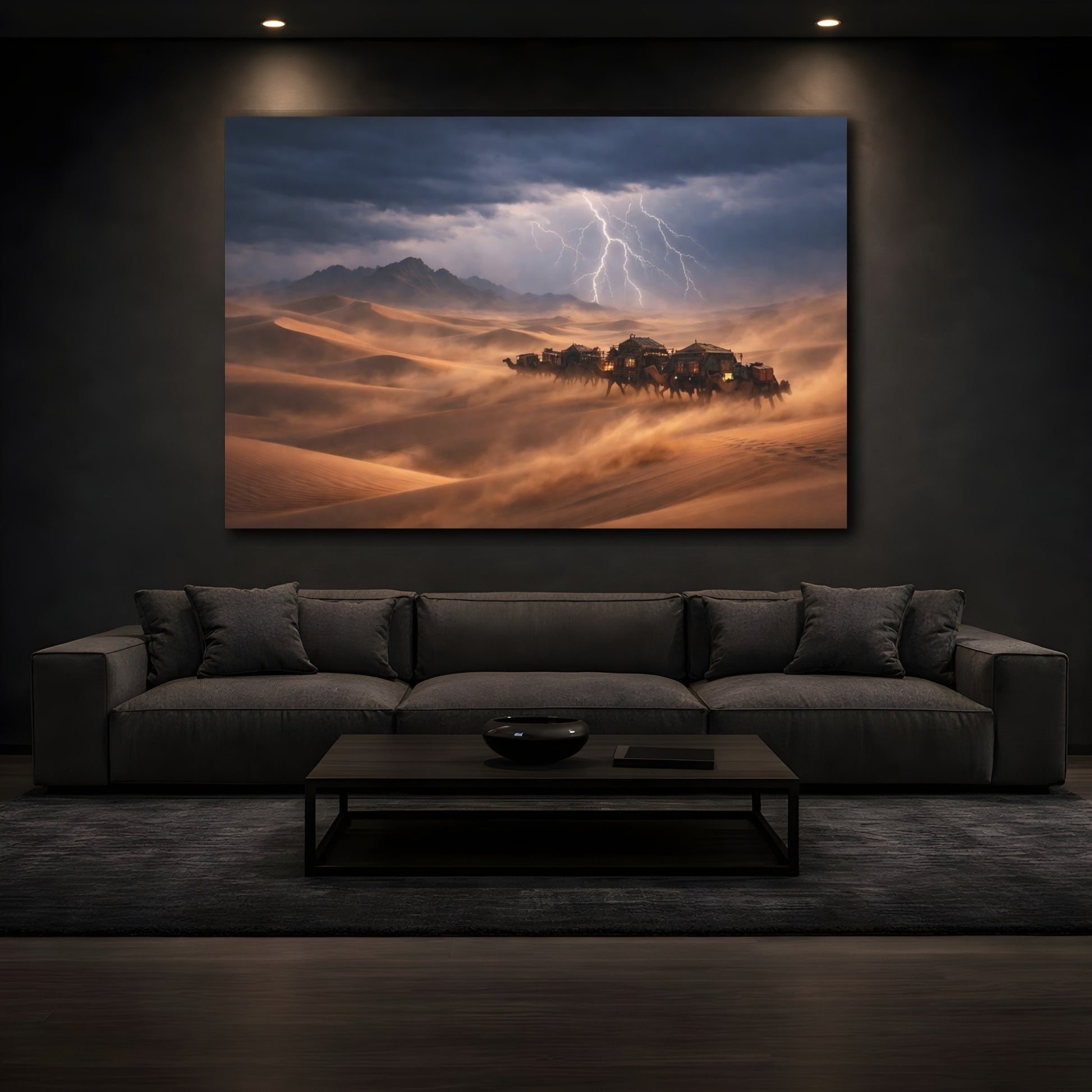 Mockup 4. Nature Desert Caravan Brown And Blue shown as stretched canvas wall art