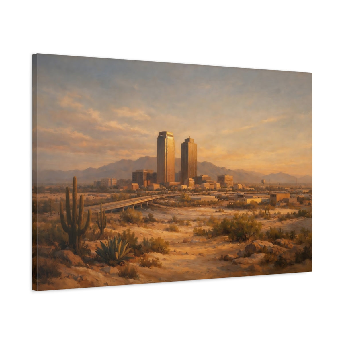 Side Mockup 1. Nature Desert City Warm Desert City shown as stretched canvas wall art