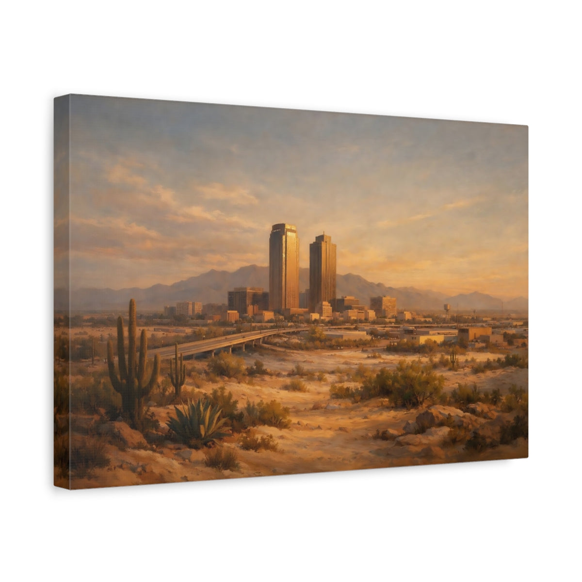 Side Mockup 4. Nature Desert City Warm Desert City shown as stretched canvas wall art