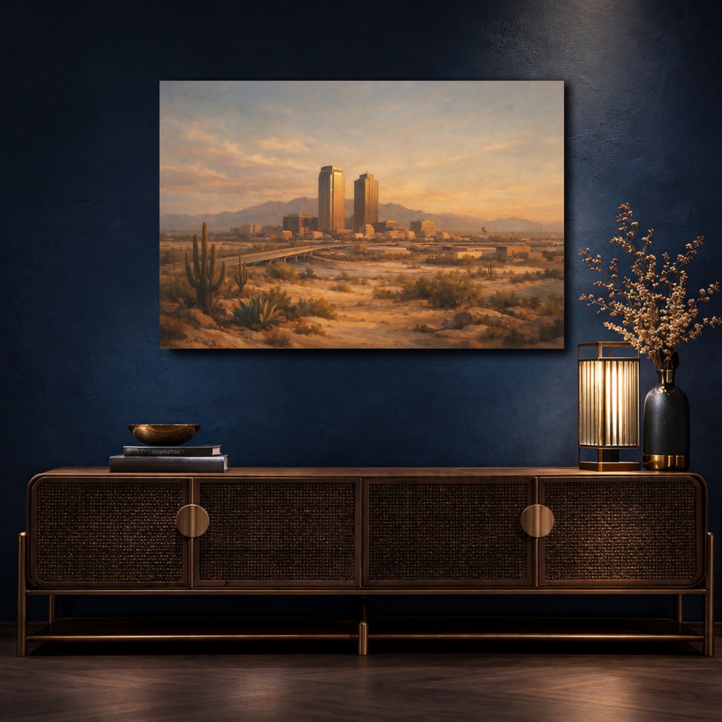 Mockup 4. Nature Desert City Warm Desert City shown as stretched canvas wall art