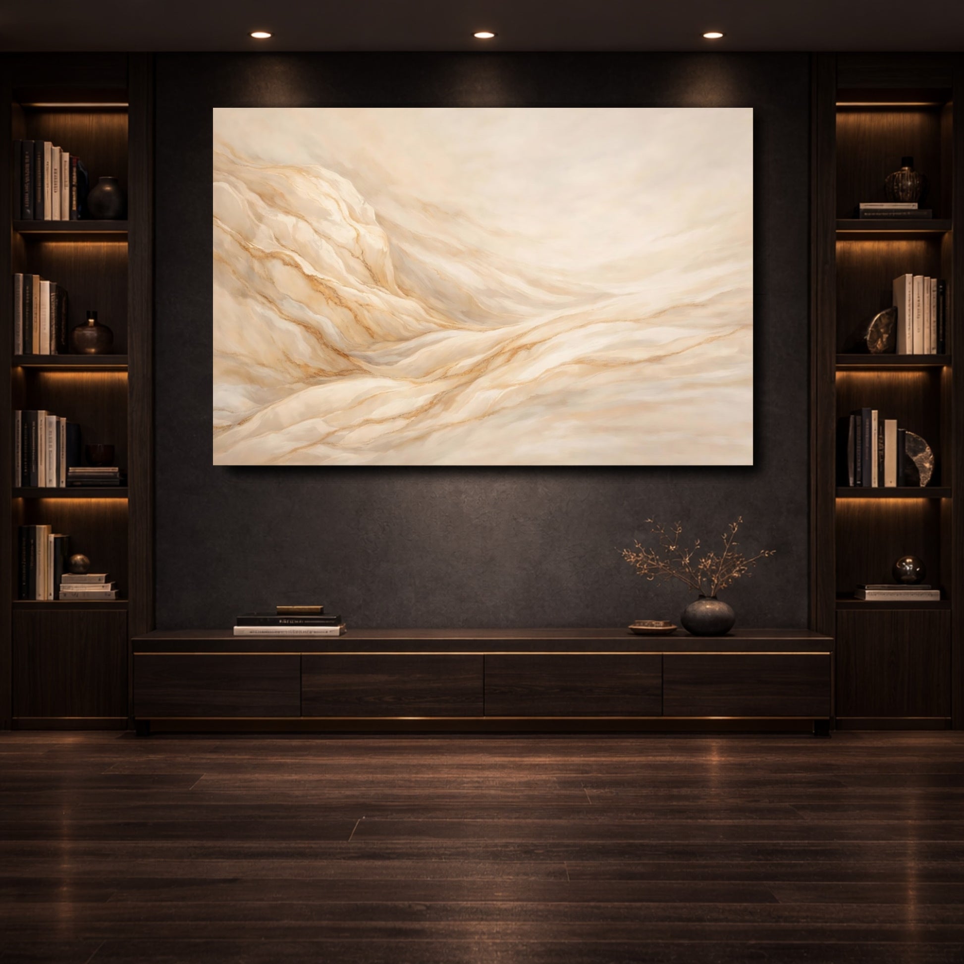 Mockup 3. Nature Desert Dunes Beige Gold Waves shown as stretched canvas wall art
