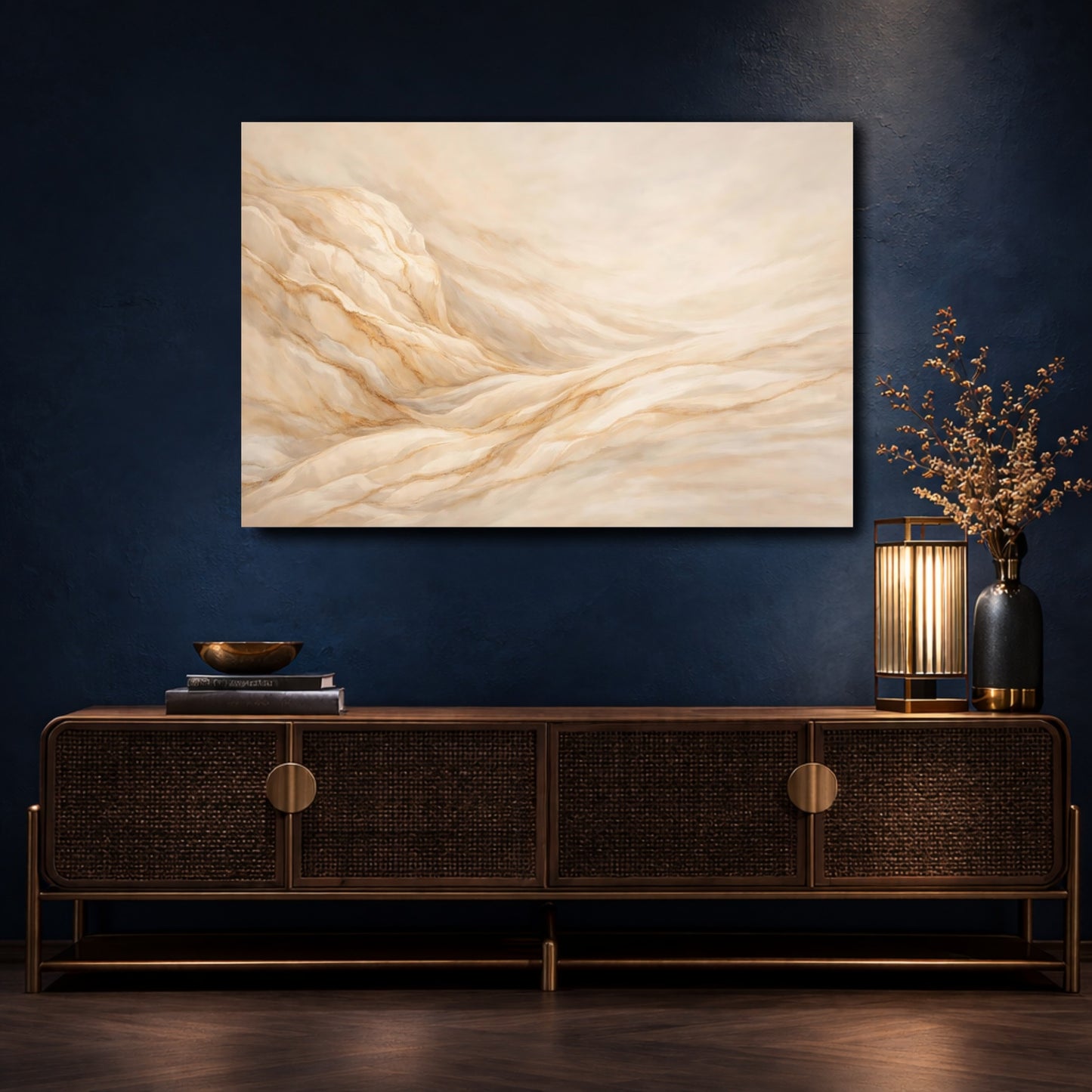 Mockup 4. Nature Desert Dunes Beige Gold Waves shown as stretched canvas wall art