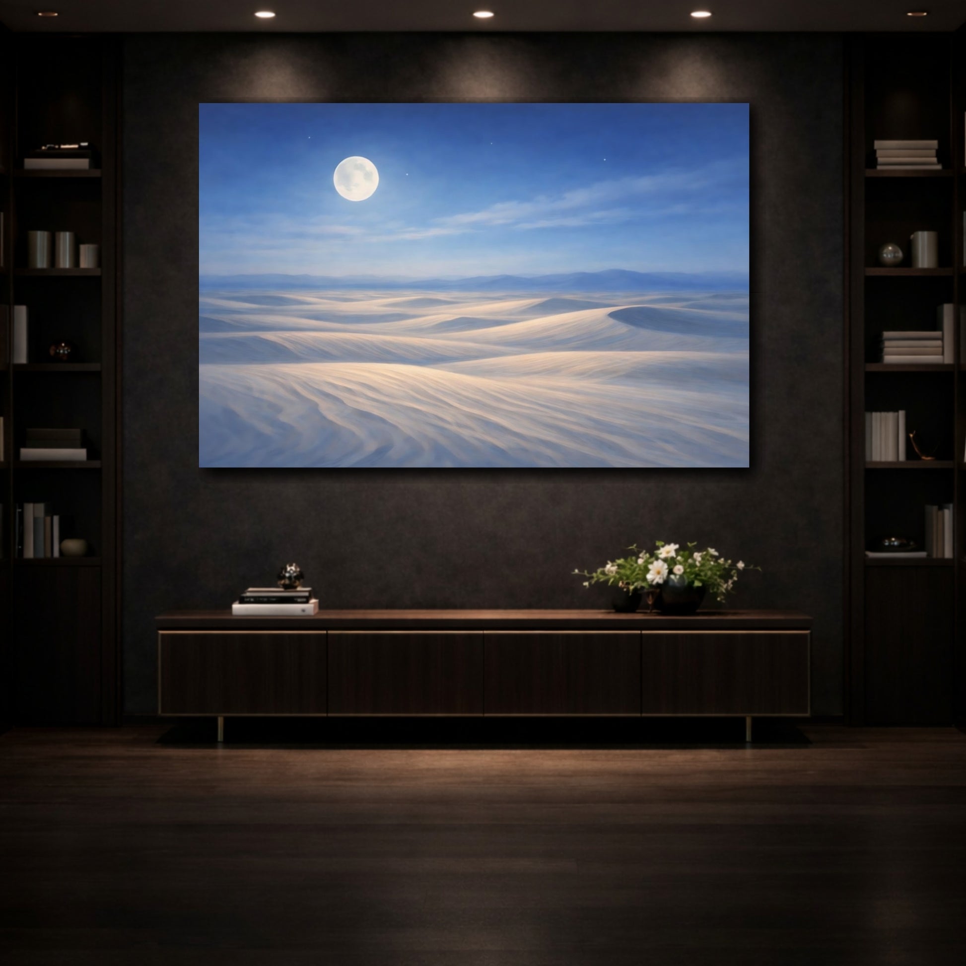 Mockup 4. Nature Desert Dunes Blue And White Landscape shown as stretched canvas wall art