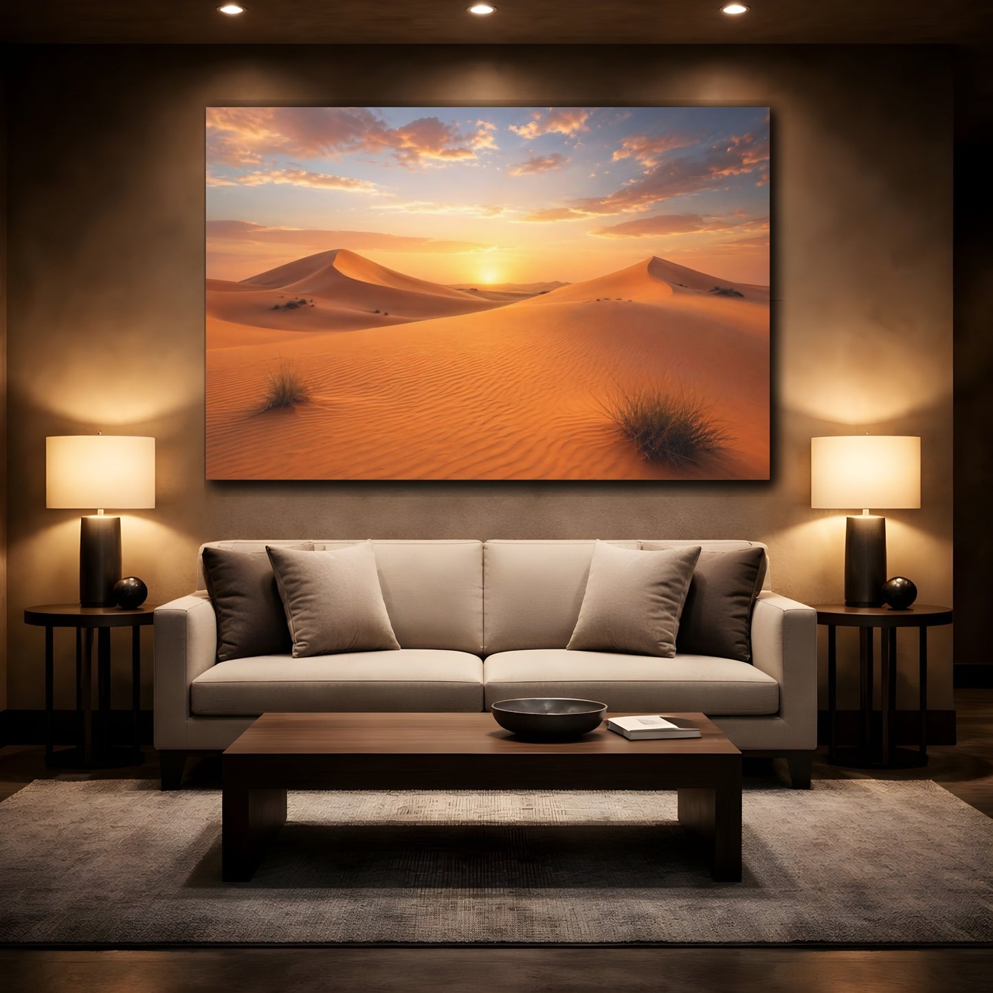 Mockup 2. Nature Desert Dunes Orange And Gold shown as stretched canvas wall art