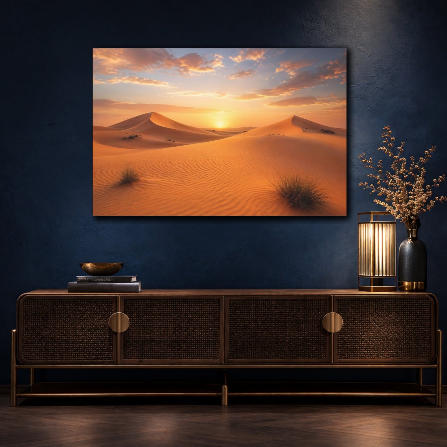 Mockup 4. Nature Desert Dunes Orange And Gold shown as stretched canvas wall art