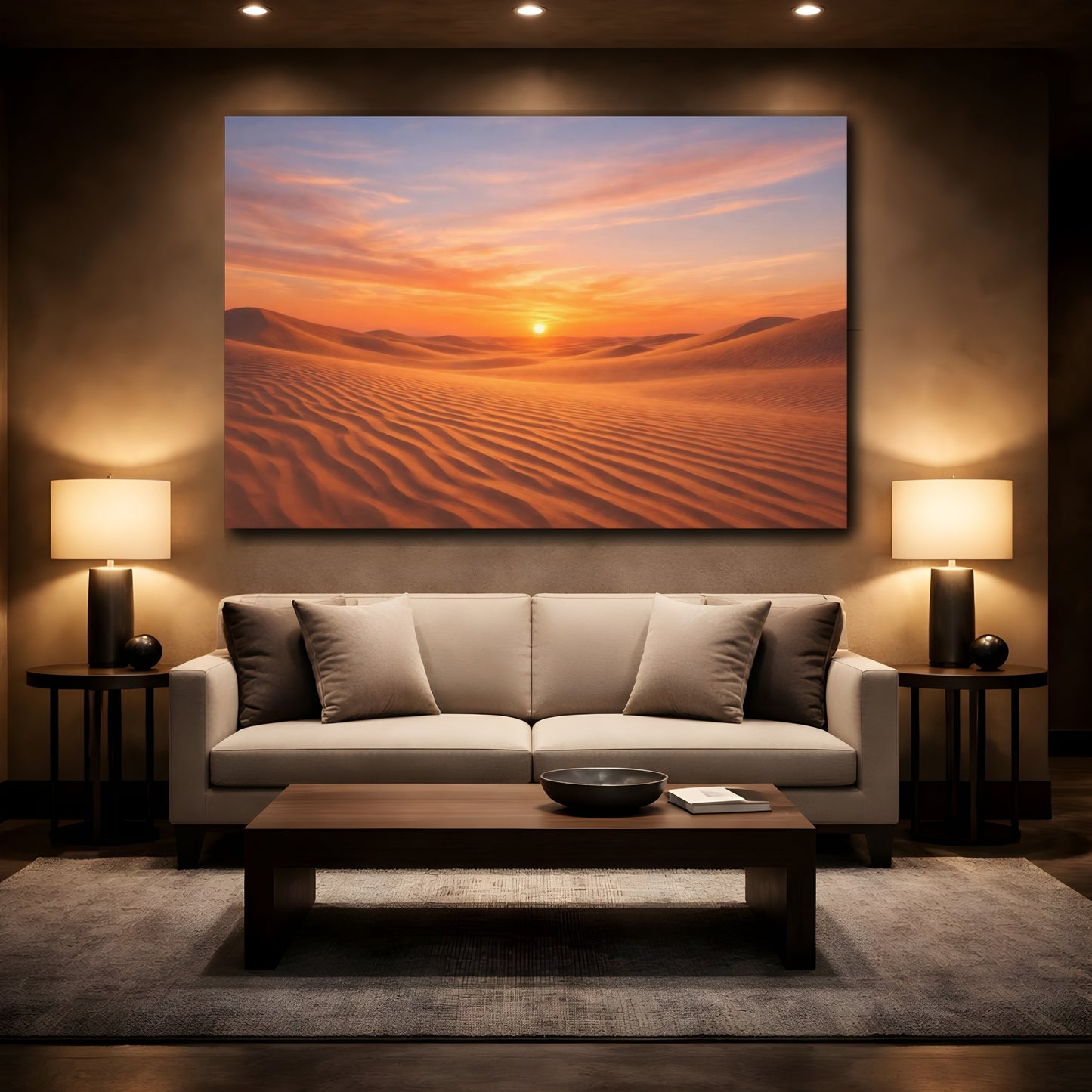 Mockup 2. Nature Desert Dunes Orange Desert Sunset shown as stretched canvas wall art