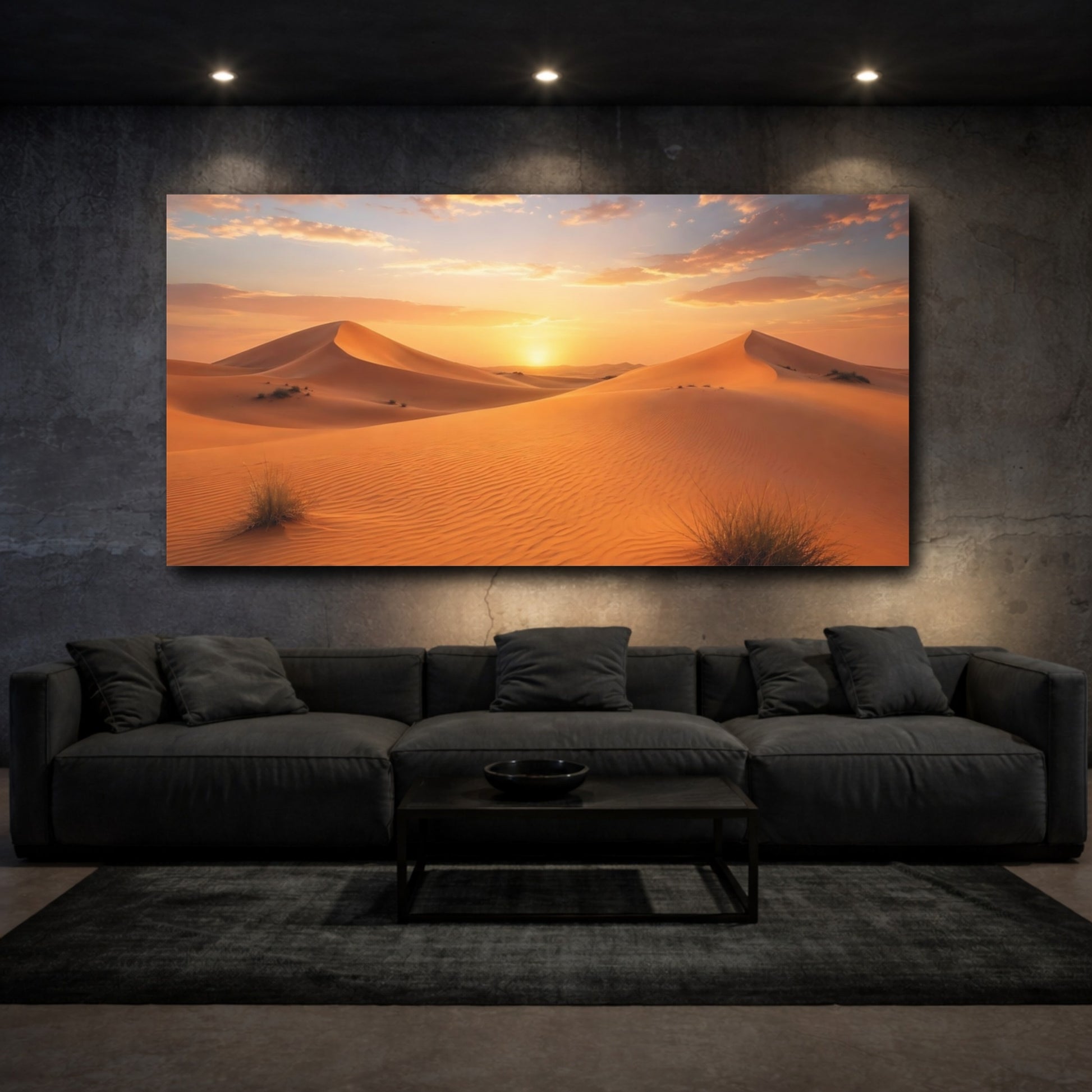 Mockup 2. Nature Desert Dunes Orange Desert Sunset shown as stretched canvas wall art