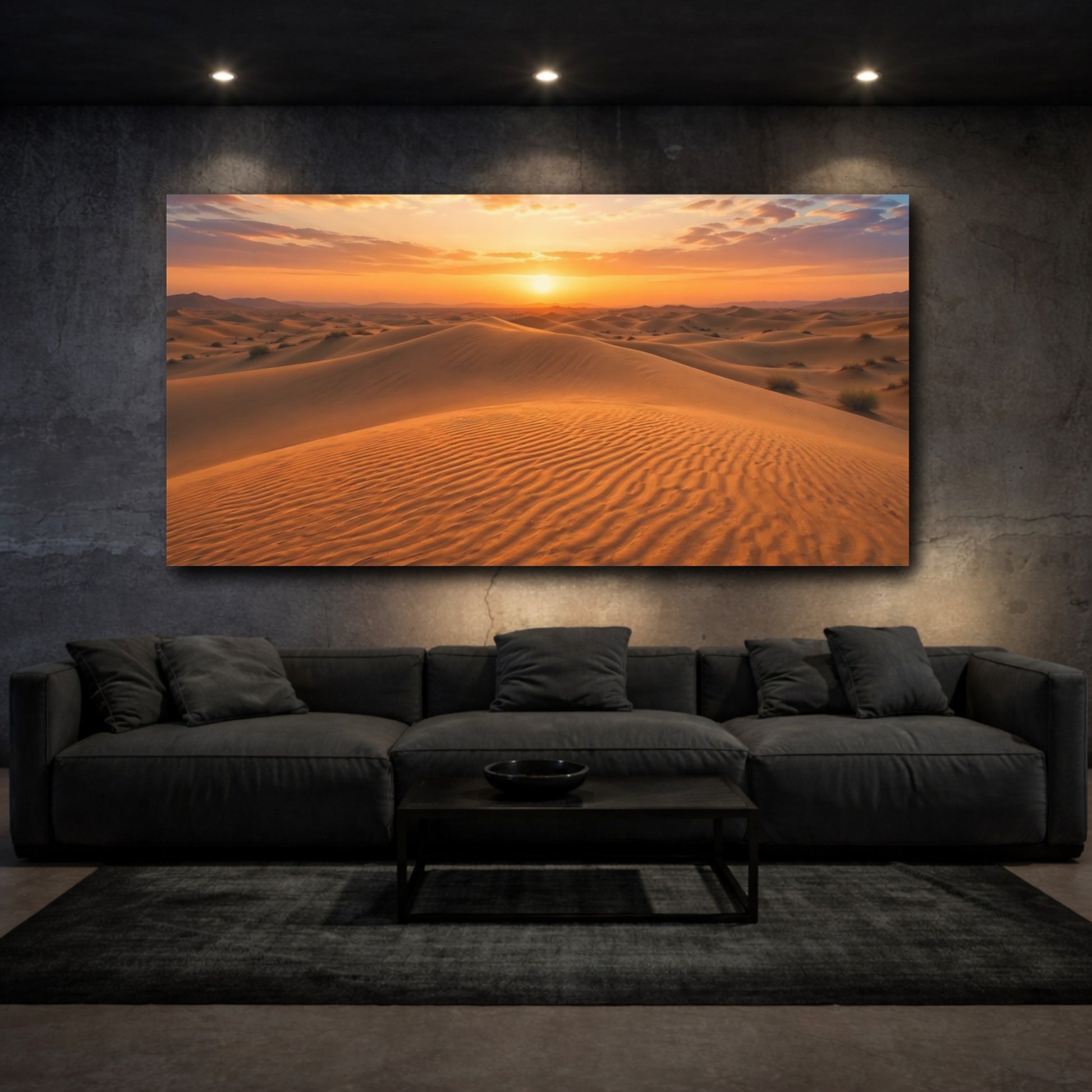 Mockup 2. Nature Desert Dunes Orange Desert Sunset shown as stretched canvas wall art