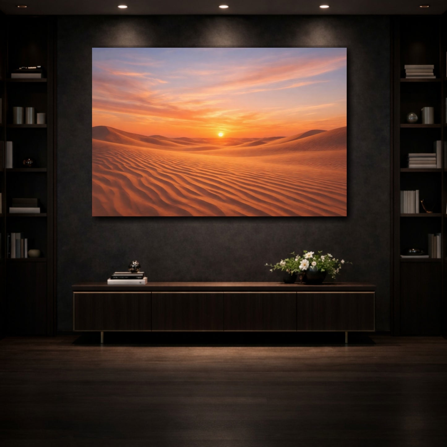 Mockup 3. Nature Desert Dunes Orange Desert Sunset shown as stretched canvas wall art