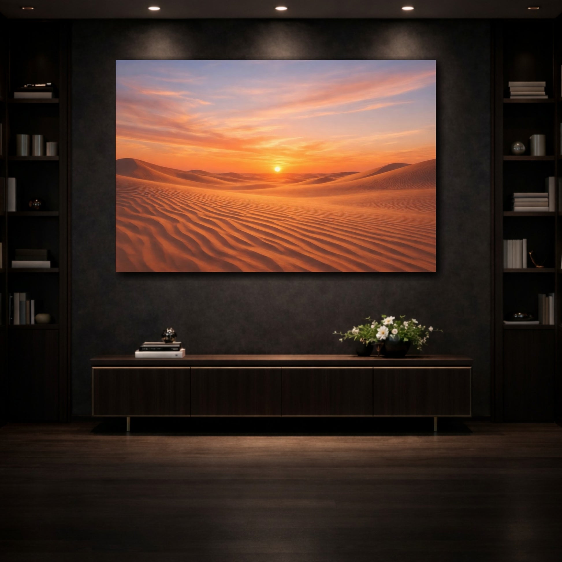 Mockup 3. Nature Desert Dunes Orange Desert Sunset shown as stretched canvas wall art