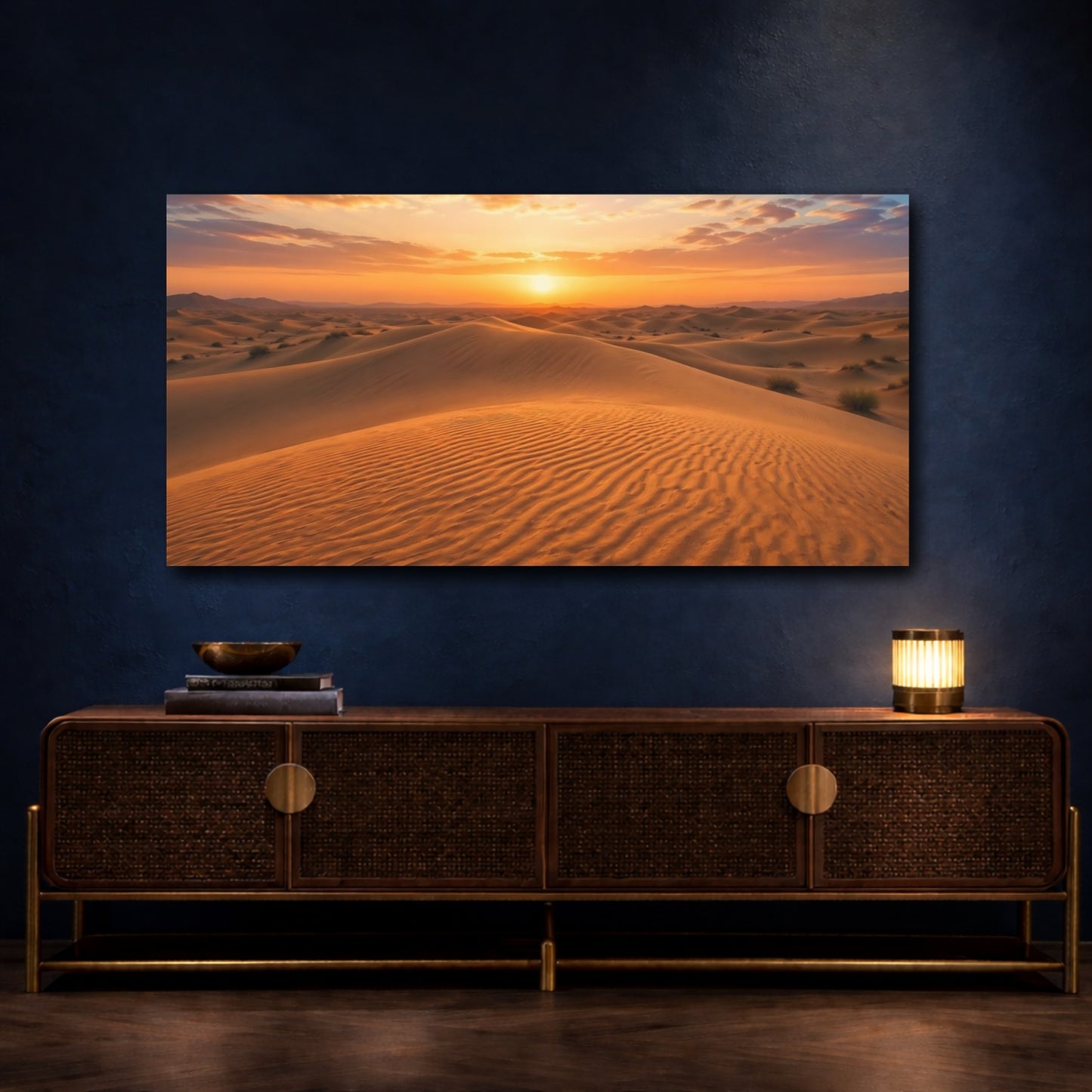 Mockup 3. Nature Desert Dunes Orange Desert Sunset shown as stretched canvas wall art