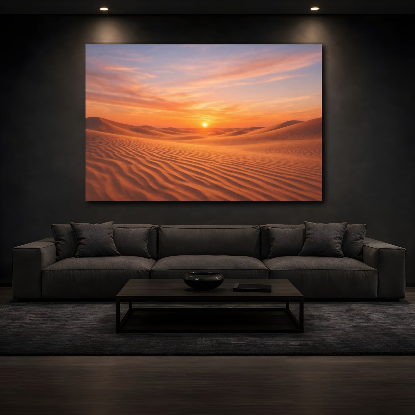 Mockup 4. Nature Desert Dunes Orange Desert Sunset shown as stretched canvas wall art