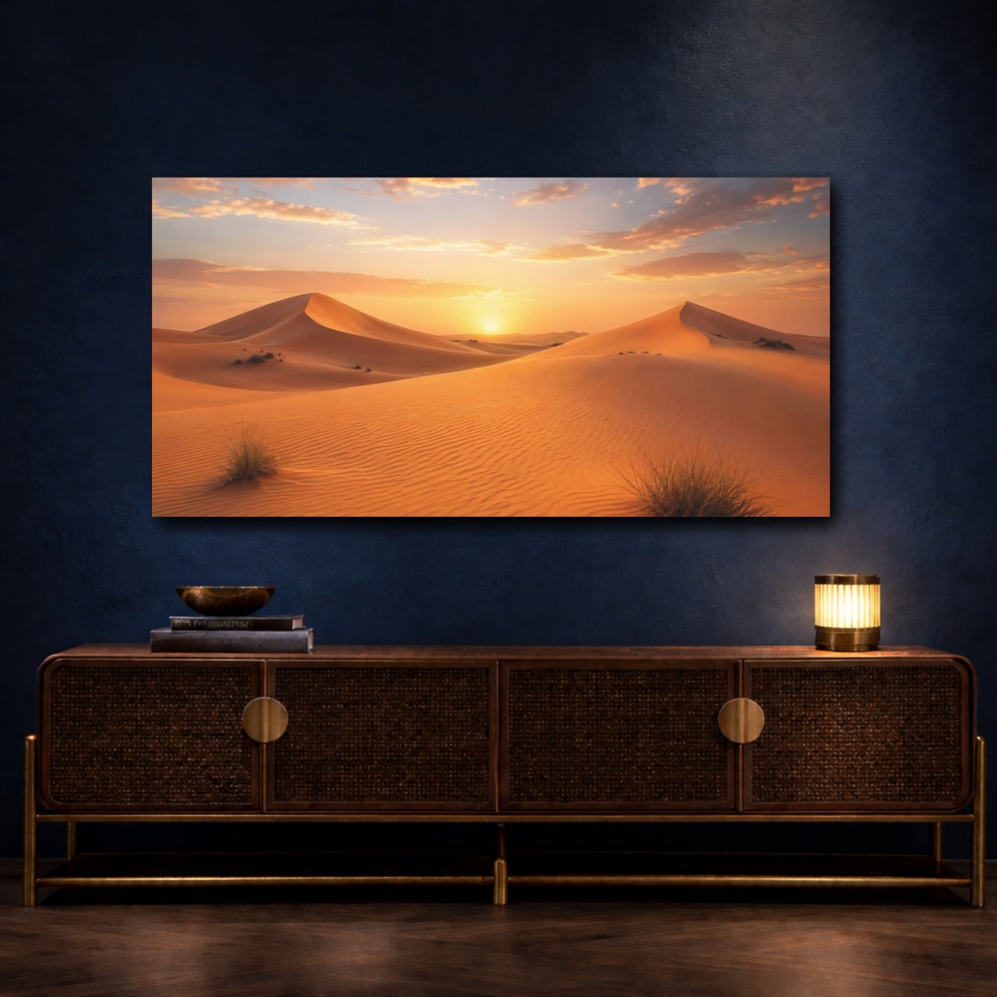 Mockup 4. Nature Desert Dunes Orange Desert Sunset shown as stretched canvas wall art